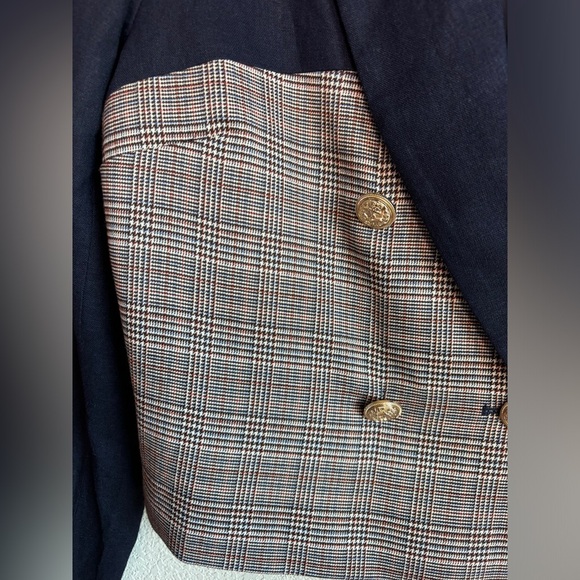 Jason Wu Navy Linen & Plaid Mixed Media Double Breasted Cropped Blazer L - Picture 6 of 12